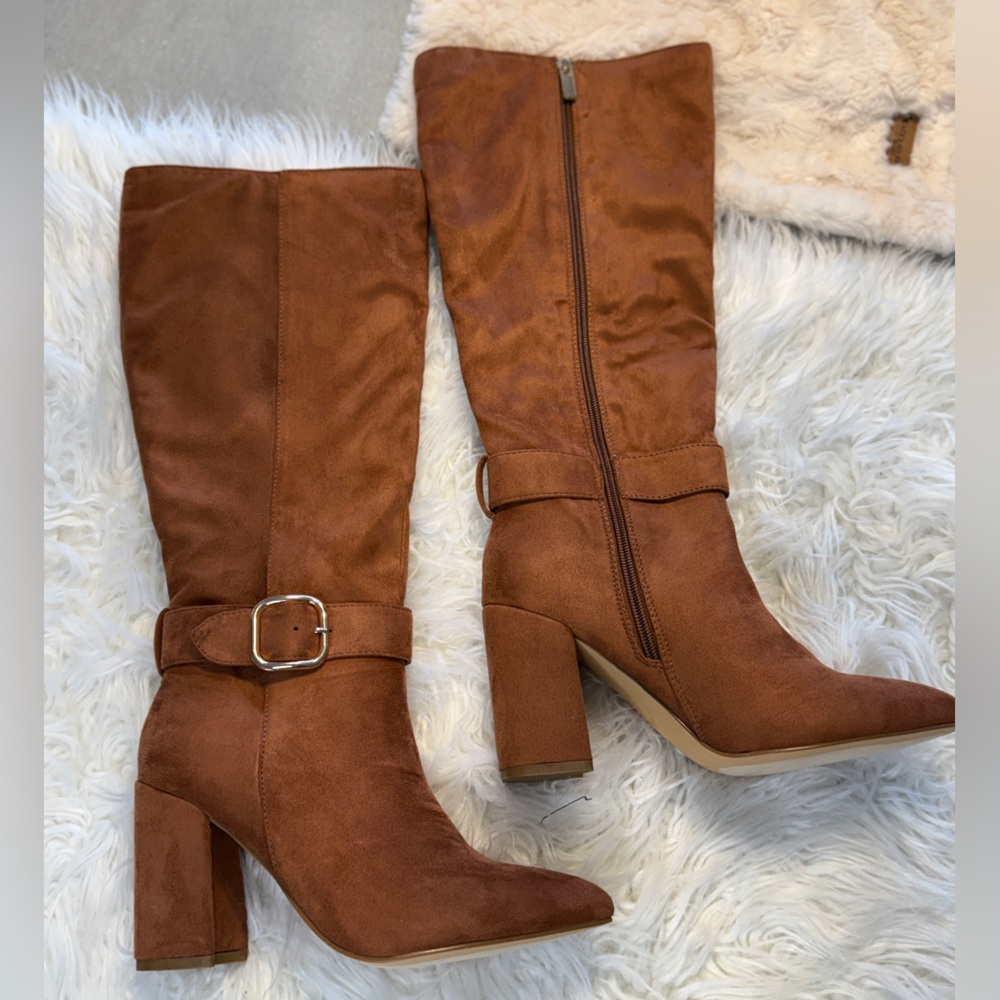 Lulu's Tan Heeled Boots with Buckle
